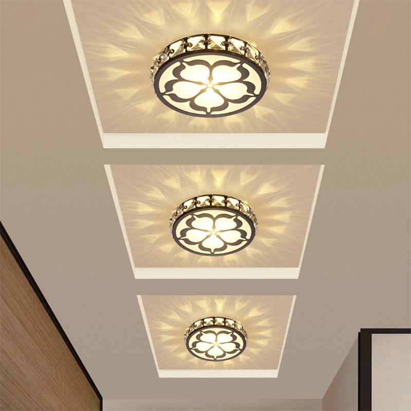 Ultrathin Round LED Flush Mount Light Fixture Simple Crystal Corridor Ceiling Lamp with Flower Pattern