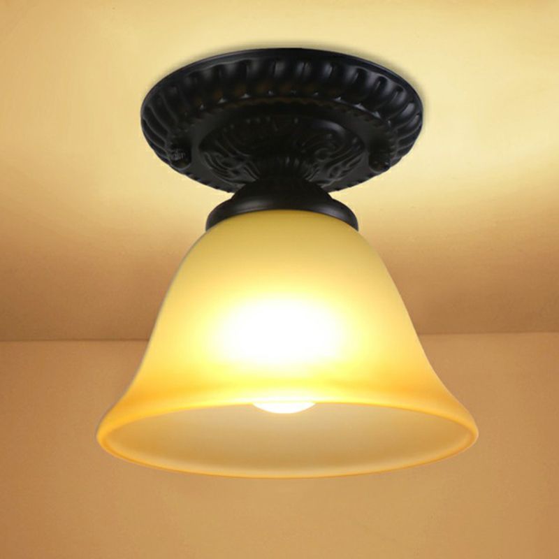 Black Bell Semi Flush Traditional Frost Glass 1-Light Corridor Flush Ceiling Light Fixture