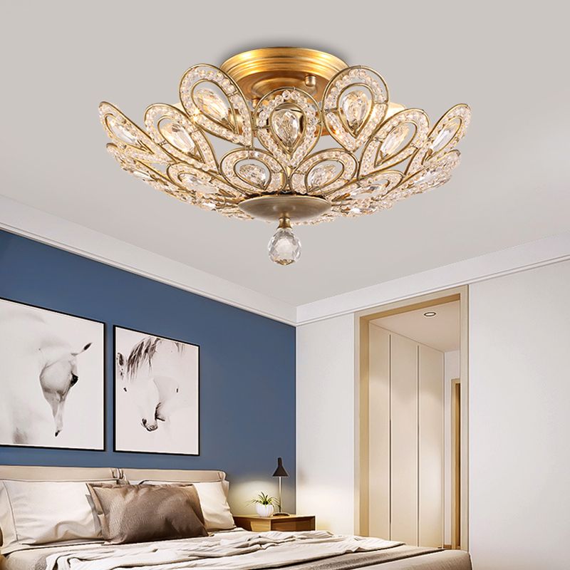 Gold Metal y Crystal Tazón Semi Flush Montada Luz de techo de dormitorio tradicional 3 luces