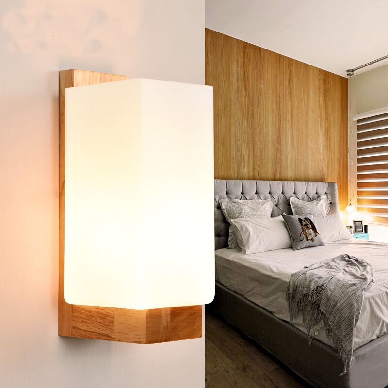 1 Head Stairway Wall Lamp Japanese Wood Sconce Light Fixture with Rectangular Milk Glass Shade