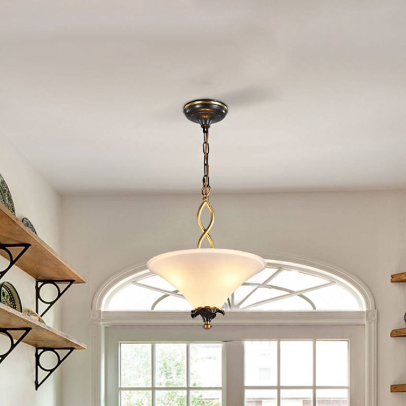 3-Light Pendulum Light Country Dining Room Chandelier Lamp Fixture with Cone White Glass Shade