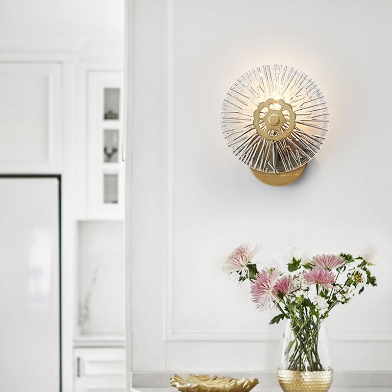 Textured Circular Wall Mounted Light Modernist Metallic and Clear Crystal 1 Head Wall Lamp in Gold