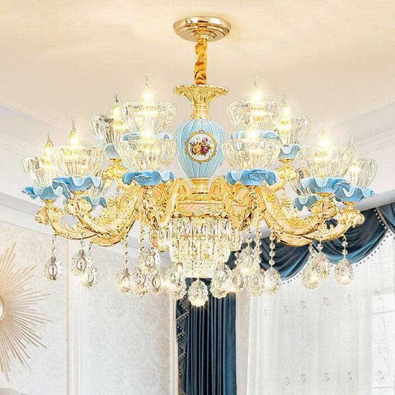 Clear Glass Bowl Chandelier Light Modernist Pendant Lighting Fixture with Crystal Droplet in Gold