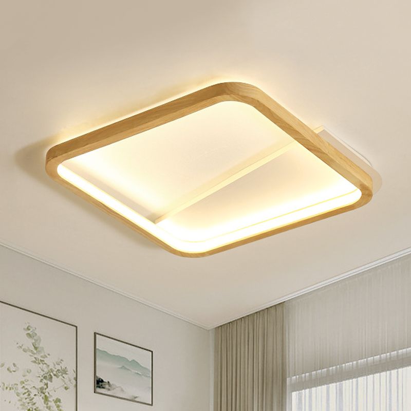 13"/17" Wide Bedroom LED Ceiling Fixture Simple Beige Flush Mount Light with Fillet Square Wood Frame