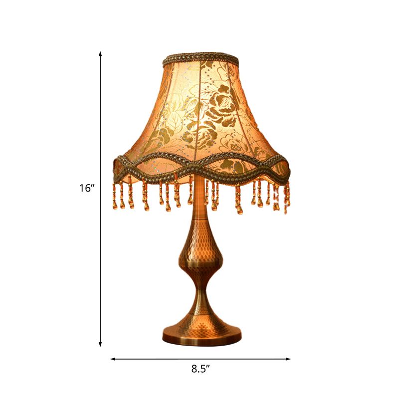 Brass 1 Head Night Stand Lamp Vintage Floral Print Fabric Flared Table Light with Scalloped Trim and Fringe