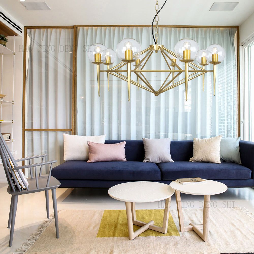 Diamond Chandelier Light Fixture Modern Glass Living Room Ceiling Pendant Light in Gold