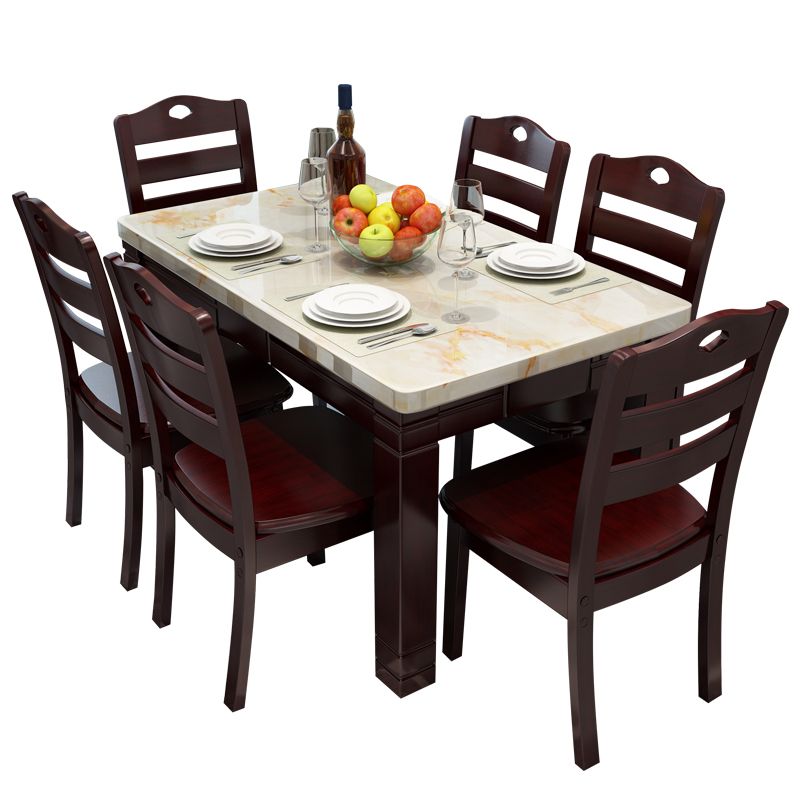 Modern Style Marble Dining Table Set Rectangular Dining Table with Solid Wood Base