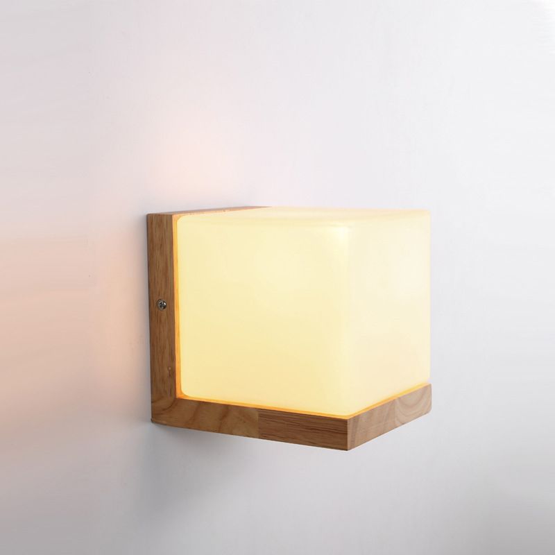 Modern Creative Wall Lamp Wooden Geometric Wall Light with Glass Shade
