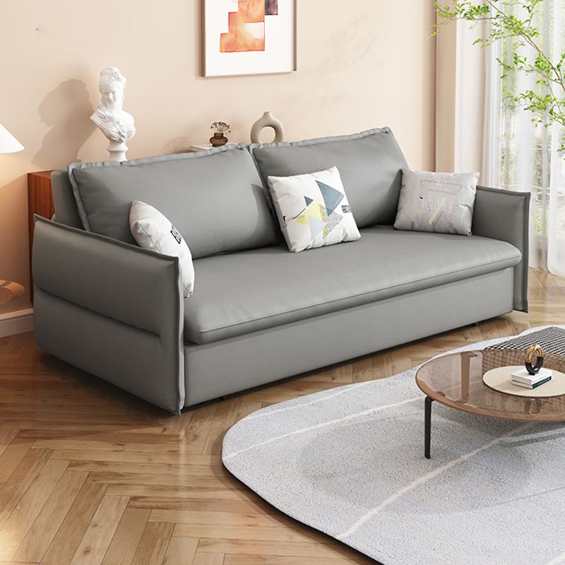 Contemporary Grey Bonded Leather Sleeper Sofa with Storage and Square Arms