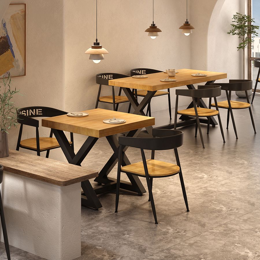 Industrial Style Solid Wood Dining Set with Traditional Height Fixed Table and Trestle Base