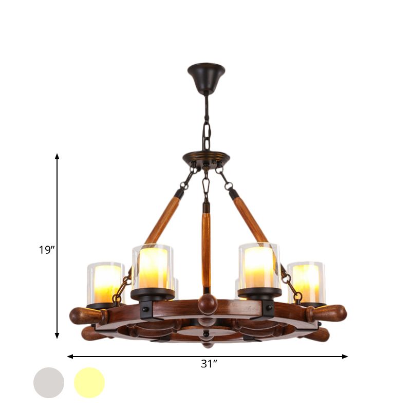 Cylindre de lustre marbre / verre en verre transparent 6/8 lumières suspendues à corde traditionnelle avec conception de gouvernail de bois