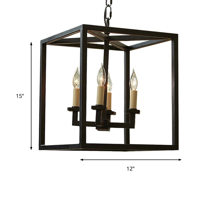 Vintage Cubic Chandelier Lighting with Cage Shade 4 Lights Metal Small Hanging Lamp in Black for Bathroom