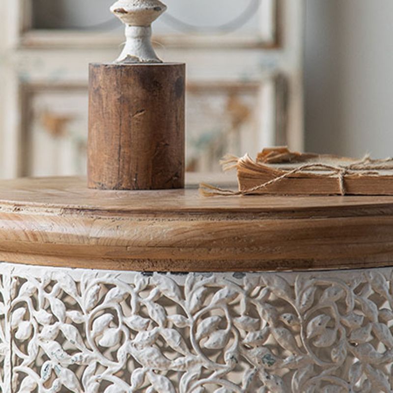 French Country Wood Round Tray Coffee Table Iron Drum Cocktail Table