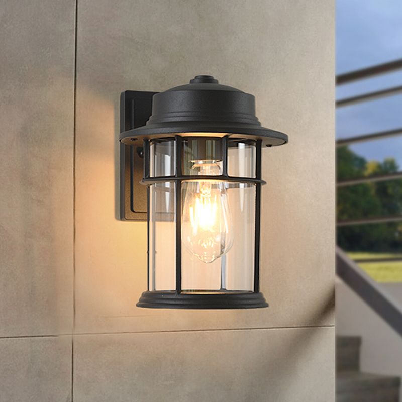 Black One Light Sconce Light Industrial Clear Glass Cylinder Lighting Fixture with Rectangle/Round Backplate