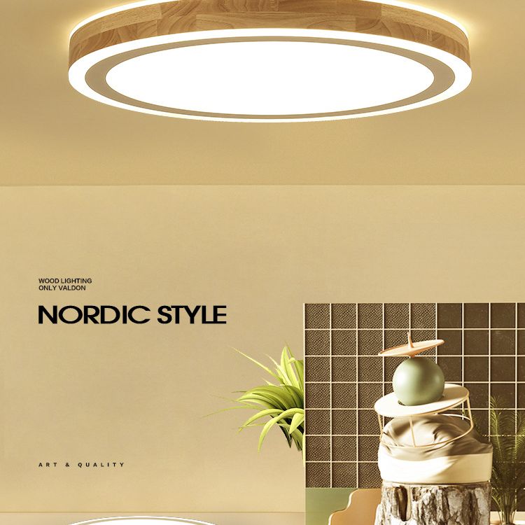 Wood Round Flush Mounted Lighting Fixture Nordic Beige LED Ceiling Flush Mount
