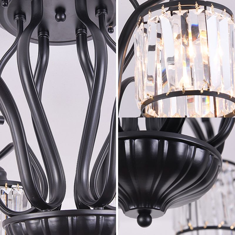 Cilindro Semi Flush Mount Light Bloque de cristal rústico 3/6 Luces de techo negro para comedor