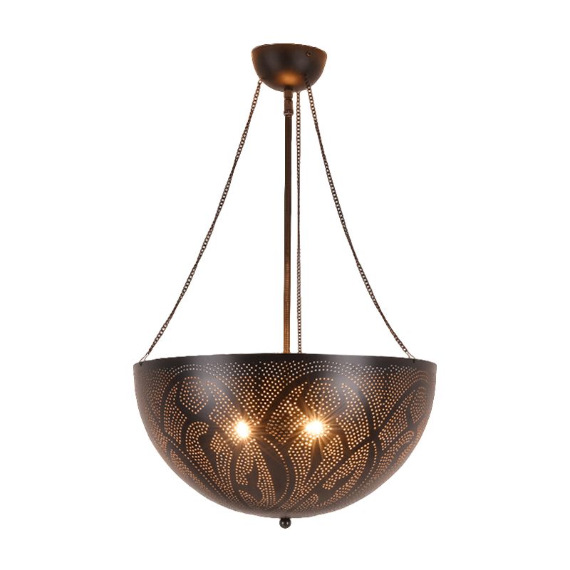 Bowl Restaurant Chandelier Vintage Metal 3-Light Black Hanging Ceiling Lamp with Hollow-Out Spot/Circle/Flower Pattern