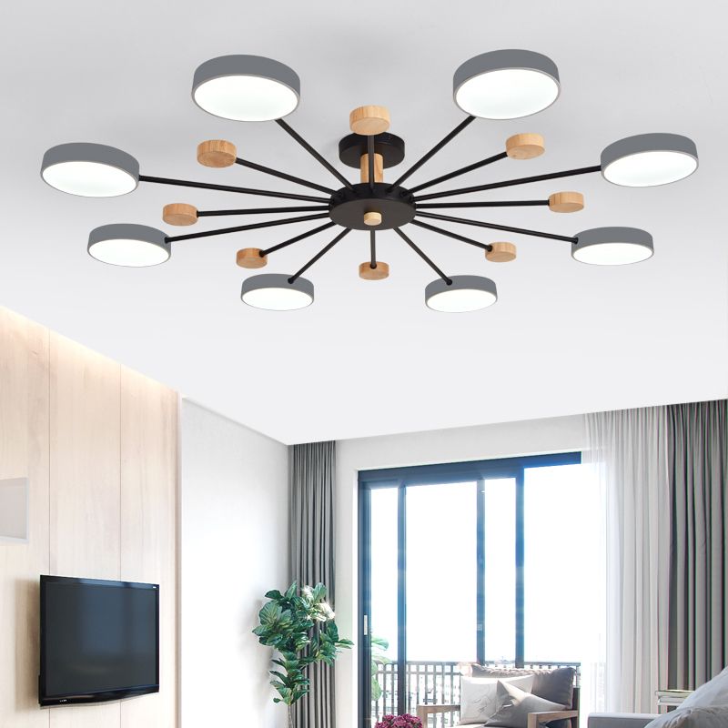Luz de techo redondo nórdico Luz de montura de montura de luz múltiple con madera para dormitorio