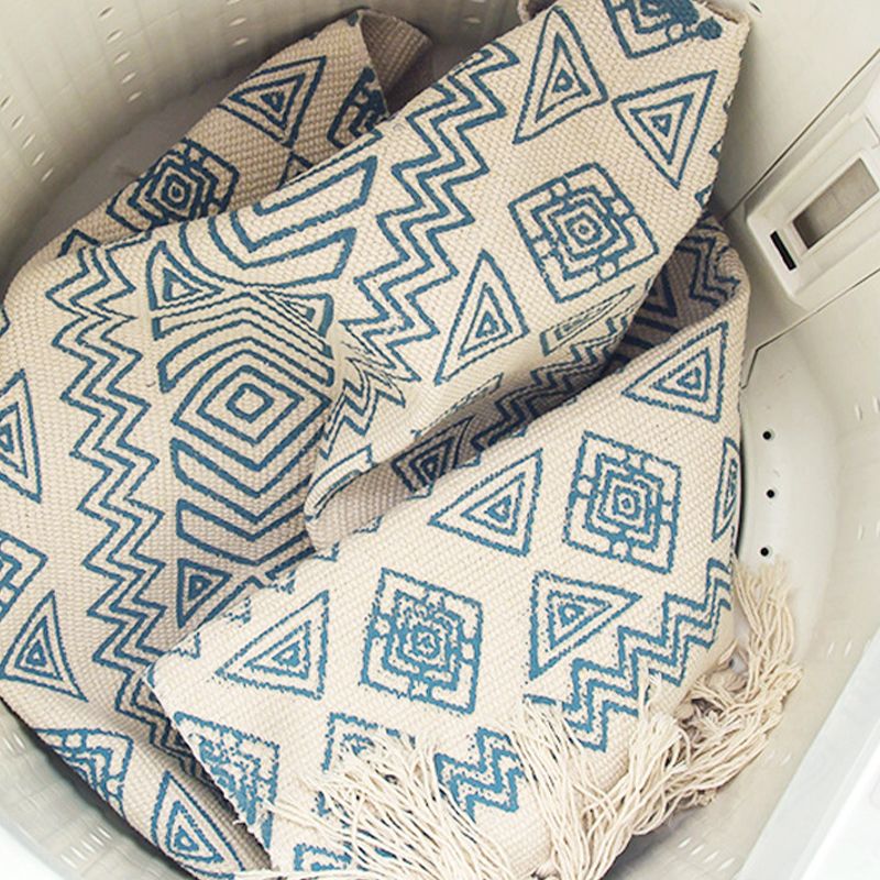 Contemporary Carpet Geometric Print Cotton Linen Area Carpet Rectangle Bedroom Tassel Rug