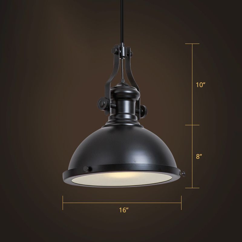 Bowl Restaurant Pendant Light Retro Metal 1 Head Hanging Lamp with Frosted Glass Diffuser