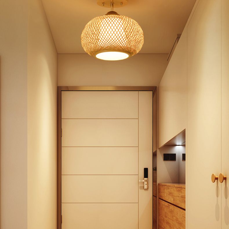 Lámpara de techo de madera de estilo asiático, luz de montaje empotrado de bambú tejida a mano, para salón de té