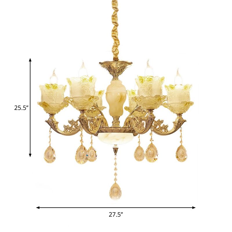 6 têtes Swirling Bras Chandelier Light Traditional Brass Crystal Bell Shade Pendant avec gouttes en verre transparent