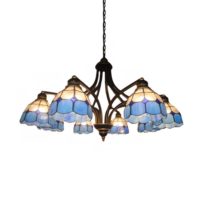 Blauw glas semi -globe kroonluchter met metalen ketting 6/8 lichten tiffany hangluchting voor slaapkamer