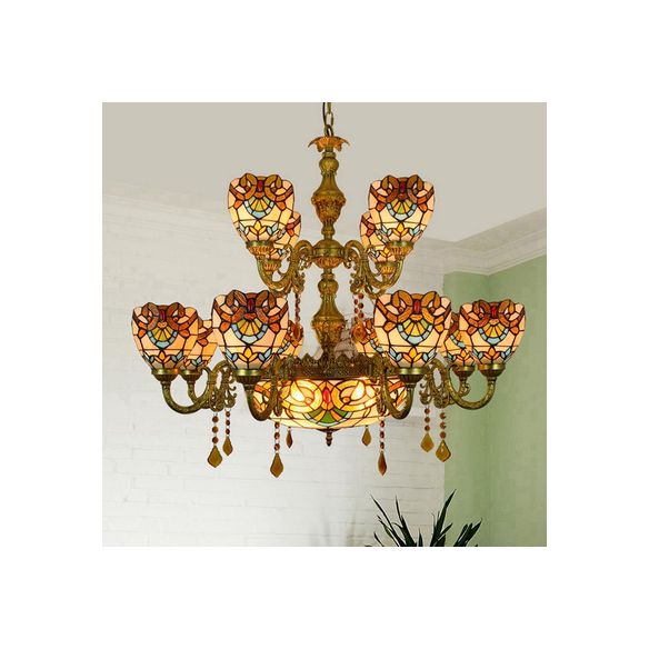 15 Lights Domed Hanging Lamp Victorian Stained Glass Crystal Chandelier Light in Brown for Living Room