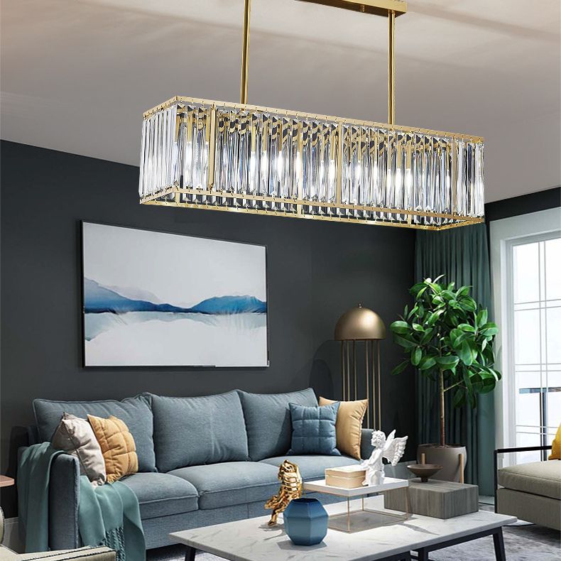 Luce a sospensione dell'isola a LED in oro in rame nella moderna lampada appesa al cristallo rettangolare per sala da pranzo