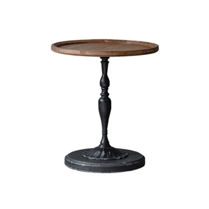 French Country Wood Round Top Side Table Distressed Iron Base End Table