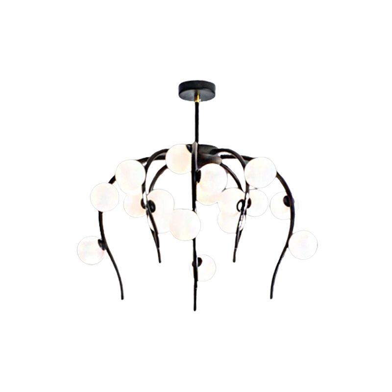 Branch Dining Room Chandelier Iron 15/20-Light Modern Hanging Lamp in Black/Gold with Matte White Balls