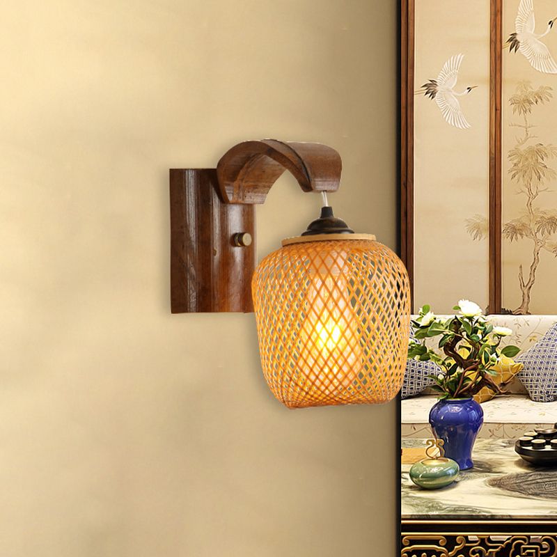 Japanese 1 Bulb Wall Lighting Brown Hand Twisted Sconce Light Fixture with Bamboo Shade
