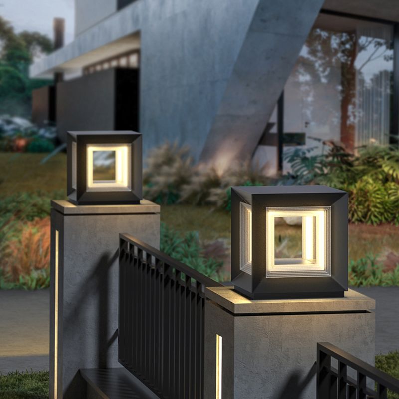 Square Contemporary Waterproof LED Pillar Light in Black for Courtyard