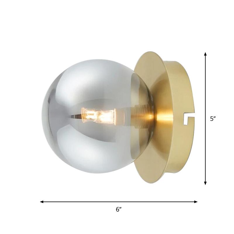 Single Bedroom Wall Sconce Light Simplicity Golden Wall Light Fixture with Smoke Grey Sphere Glass Shade