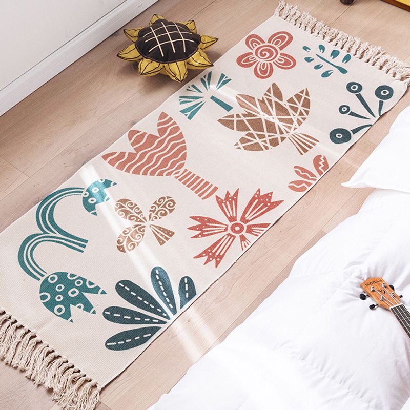 Modern Plant Printed Rug Multi-Colored Jute Area Carpet Easy Care Pet Friendly Stain-Resistant Indoor Rug with Tassel for Bedroom