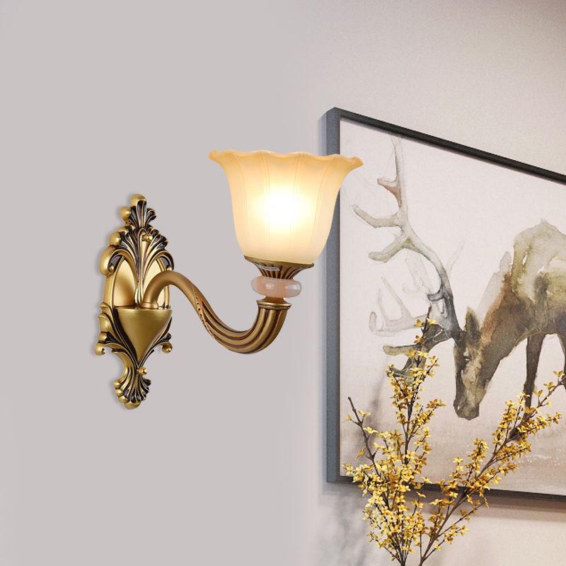 1/2-Head Wall Light Sconce Traditional Flower-Shape Opal Glass Up Wall Mount Lamp Fixture in Brass