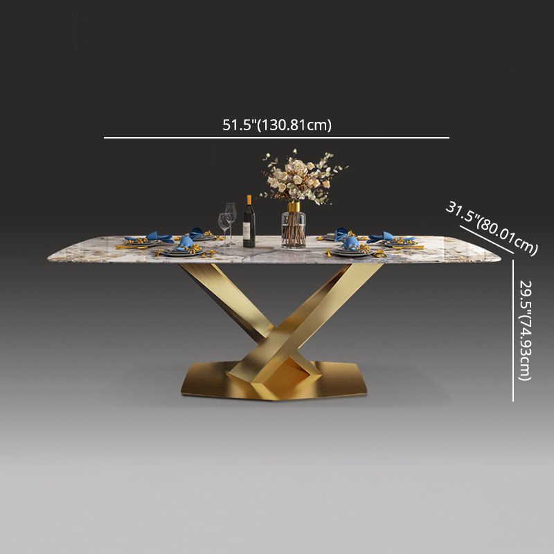 Minimalist Style Sintered Stone Dining Room Set with White Table and Gold Trestle Base for Home Use