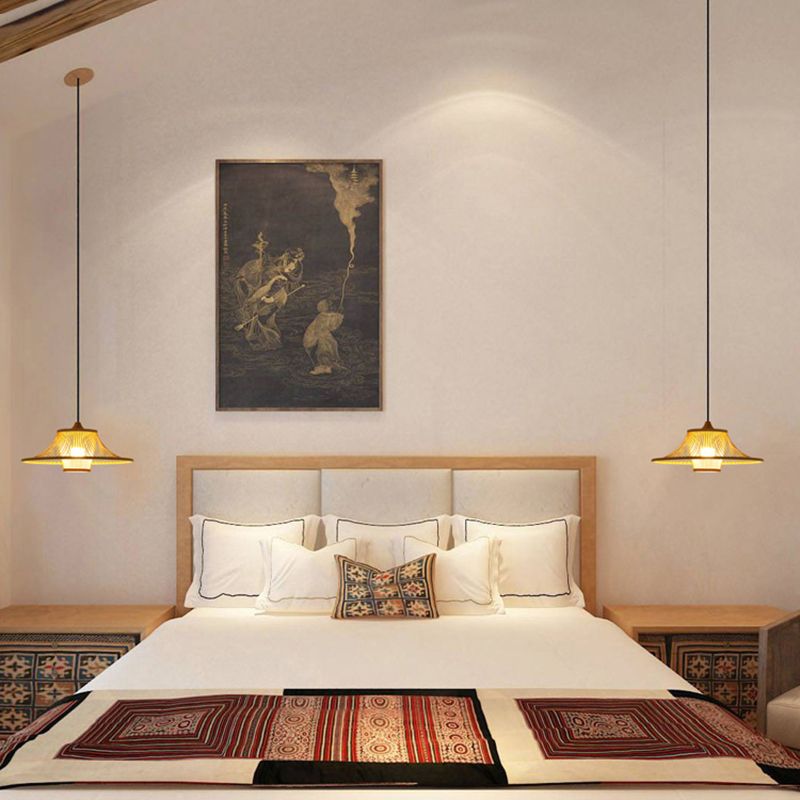 Wood Flared Suspension Lighting Minimalist 1-Light Bamboo Ceiling Pendant for Bedroom