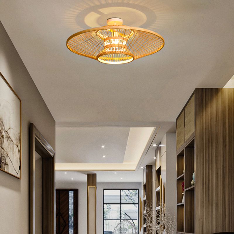 Round Shape Ceiling Lamp Asian Style Rattan 1 Light Flush Mount for Living Room