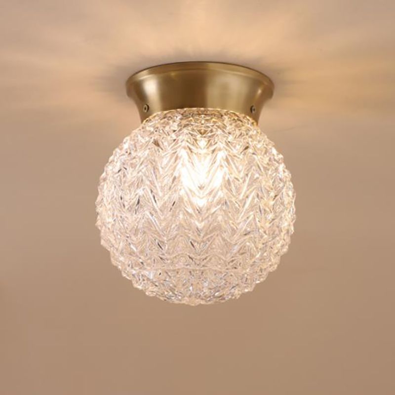 Water Glass Globe Ceiling Lighting Colonial 1 Head Bedroom Flush Mount Light Fixture in Brass