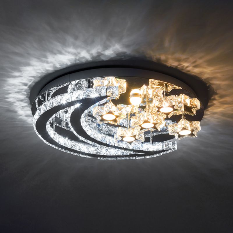 LED Great Room Semi Mount Lighting Modernism Chrome Ceiling Flush with Crescent and Star Crystal Shade