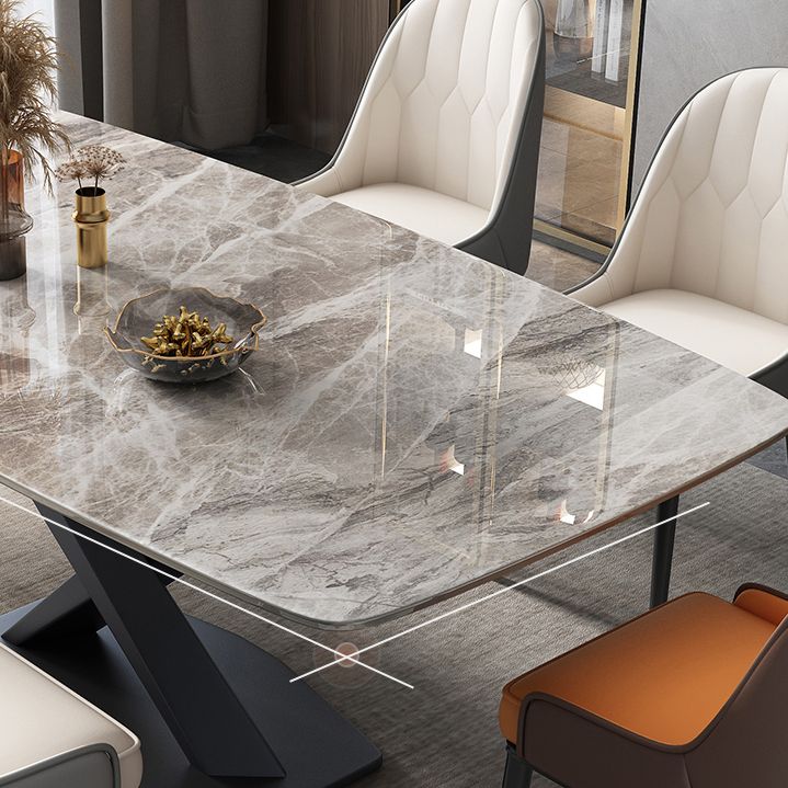 Modern Rectangular Grey Stone Top Dining Table with Black Pedestal