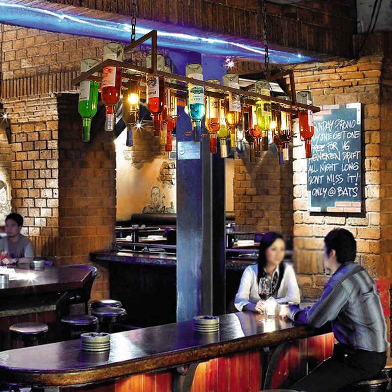 Eiland hanger verlichting vintage stijl balk hangende plafondarmatuur met flessen metalen tint in meerkleurig