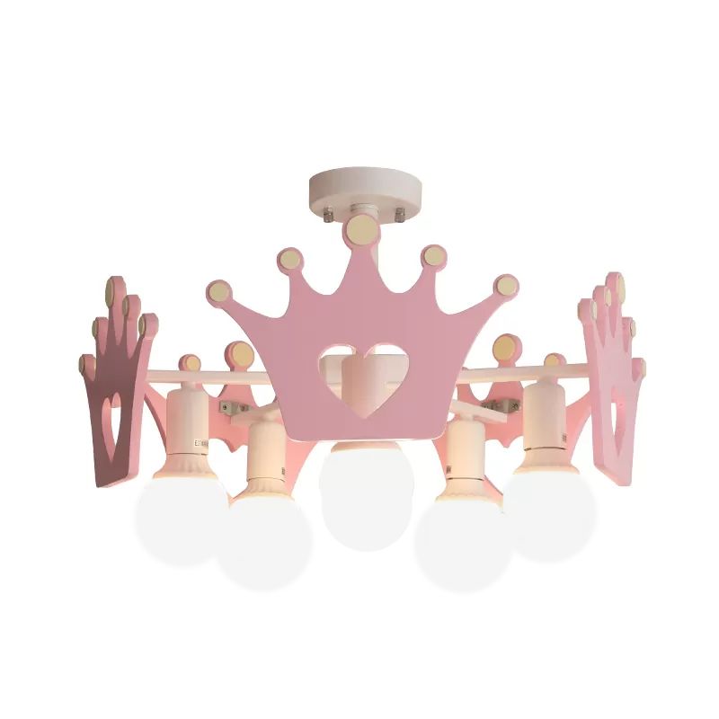 Acabado rosa Sputnik Semi Flush Mount Light Nordic 6 Bulbos de metal Cerca de la lámpara de techo con Crown Deco de madera
