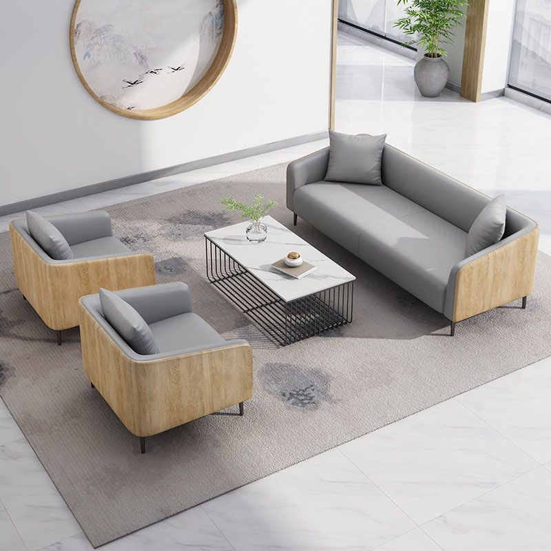 Modernism Faux Leather Sofa Tuxedo Arm Sofa with Wood Grain Accent