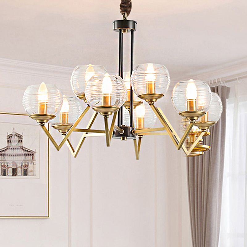 Gold 9/12 Lights Pendant Chandelier Traditional Clear Ribbed Glass Globe Hanging Light for Living Room