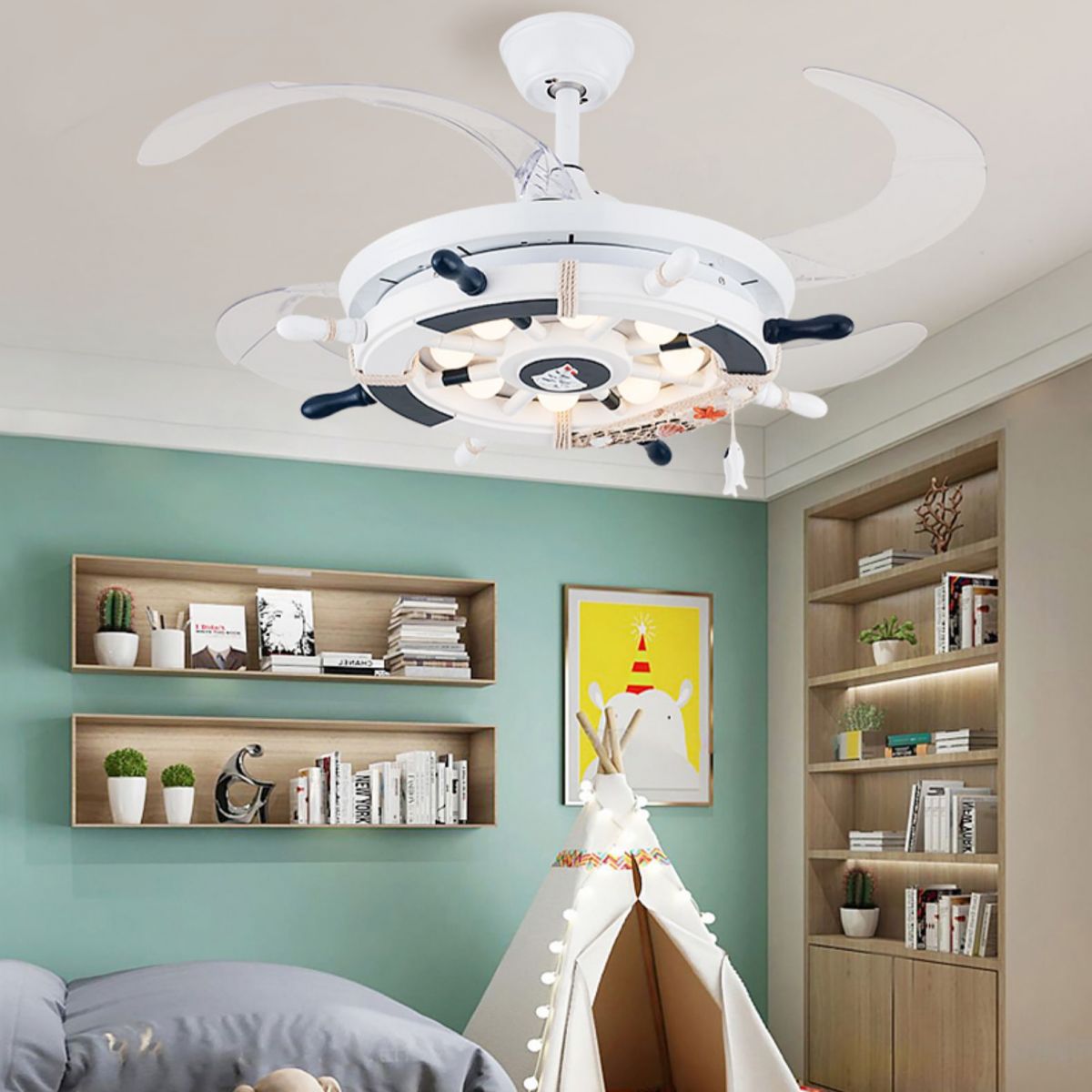 Remote Control Rudder Semi Flush Mount Mediterranean Metal Kids Bedroom LED Pendant Fan Light