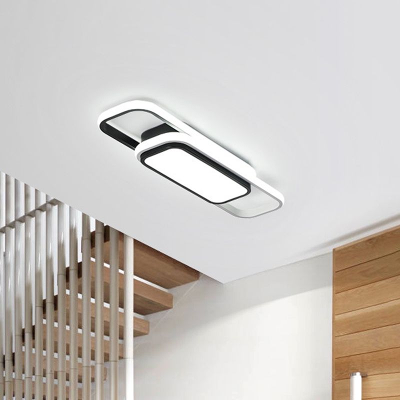 Cubic/Cuboid Dorm Ceiling Lamp Metal Simple 16/23.5 Inch Wide LED Flush Light Fixture in Black/Grey with Glow Frame, Warm/White Light