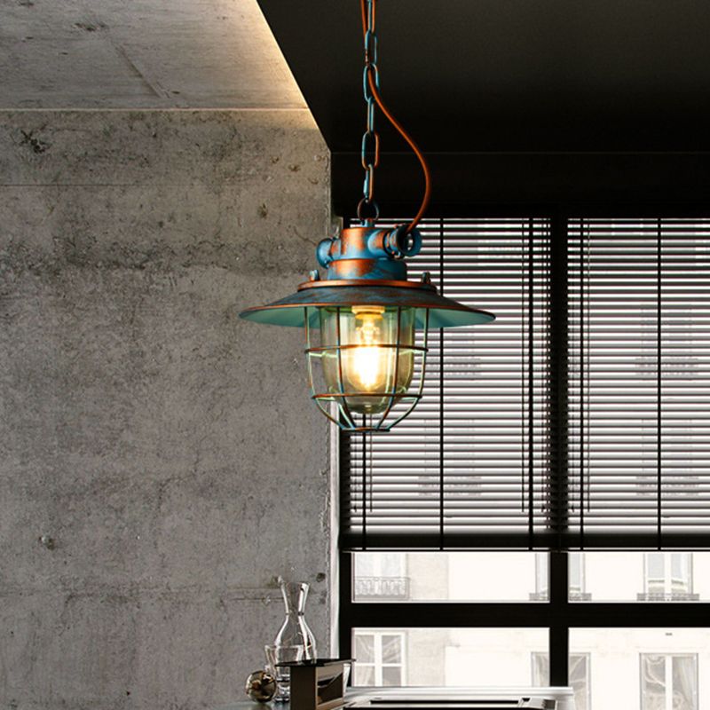 White/Blue 1 Light Pendant Lamp Industrial Metal Wide Flare Hanging Light with Cage