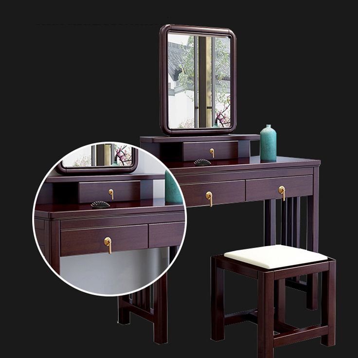Traditional Mirrored Vanity Set Solid Wood Dressing Table with Stool in Brown